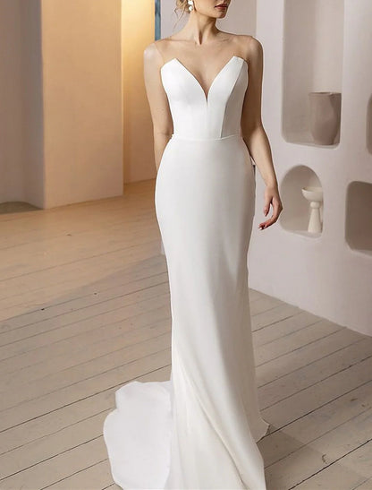 Aimishang Beach Glitter & Sparkle Wedding Dresses Mermaid / Trumpet Off Shoulder Cap Sleeve Court Train Satin Bridal Gowns With Solid Color