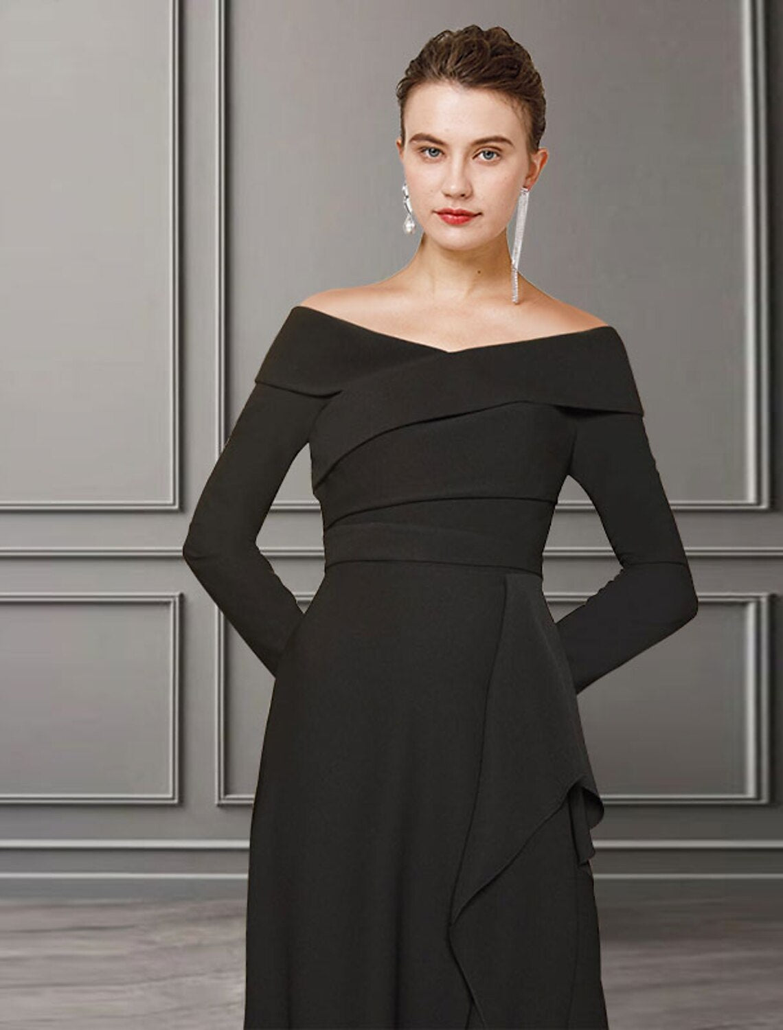 Aimishang  A-Line Mother of the Bride Dress Elegant Off Shoulder Sweep / Brush Train Lace Stretch Fabric Long Sleeve with Ruched Split Front
