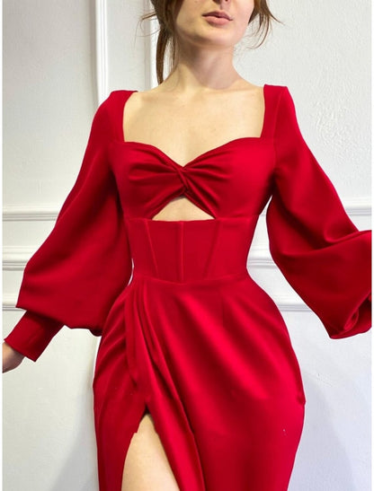 A-Line Evening Gown Sparkle & Shine Dress Party Wear Floor Length Long Sleeve Square Neck  Fabric with Pleats Ruched Slit