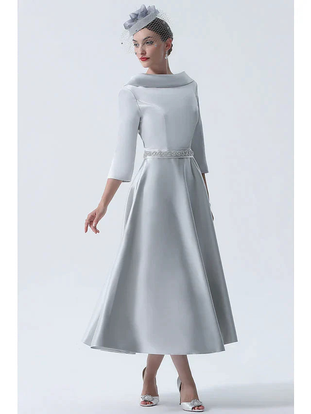 A-Line Mother of the Bride Dress Wedding Guest Vintage Plus Size Elegant Bateau Neck Tea Length Satin 3/4 Length Sleeve with Beading