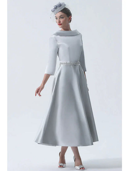 A-Line Mother of the Bride Dress Wedding Guest Vintage Plus Size Elegant Bateau Neck Tea Length Satin 3/4 Length Sleeve with Beading