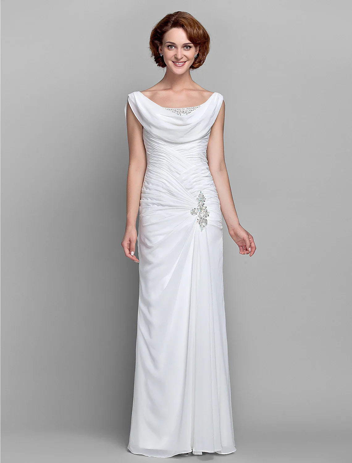 Aimishang Sheath / Column Mother of the Bride Dress Fall Wedding Guest Dresses Vintage Inspired Cowl Neck Floor Length Chiffon Sleeveless with Buttons Criss Cross Crystals