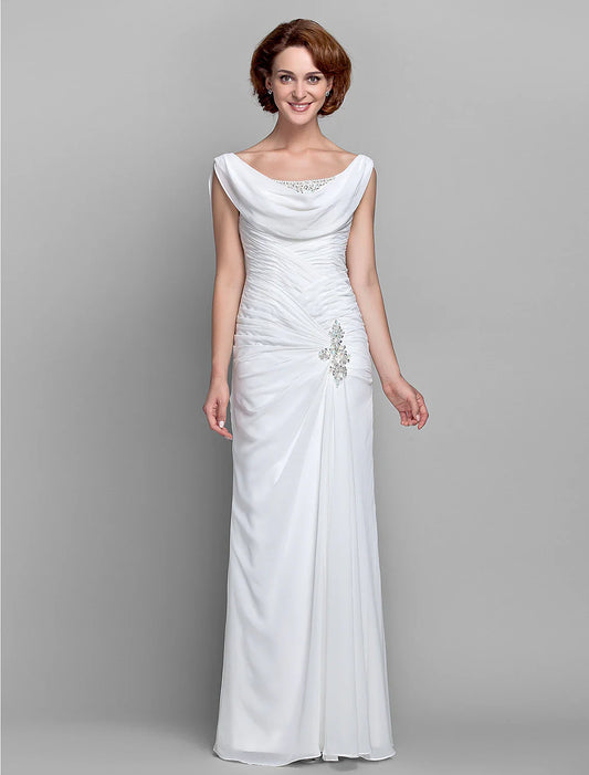 Aimishang Sheath / Column Mother of the Bride Dress Fall Wedding Guest Dresses Vintage Inspired Cowl Neck Floor Length Chiffon Sleeveless with Buttons Criss Cross Crystals
