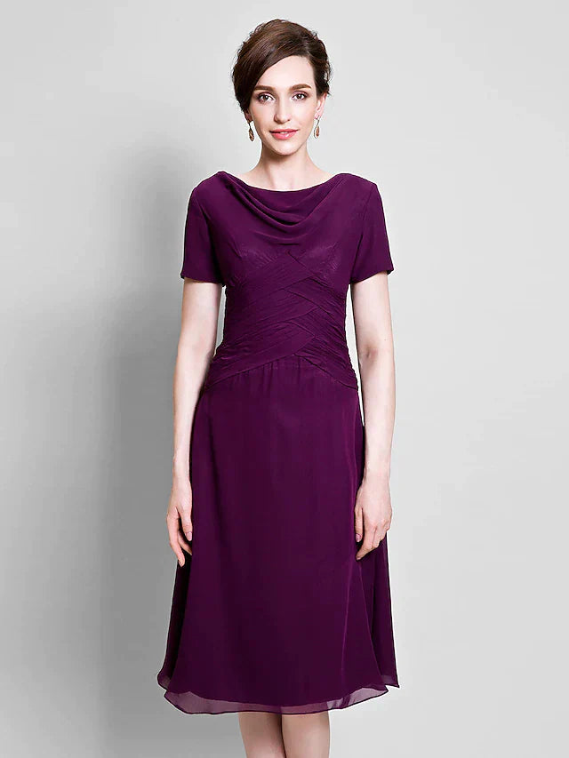 DingjiA-Line Mother of the Bride Dress Cowl Neck Tea Length Chiffon Short Sleeve with Ruched Side Draping