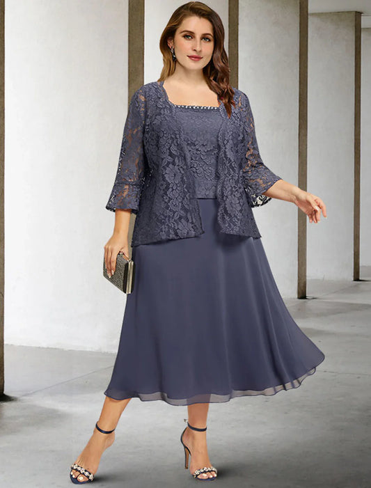 Aimishang  Two Piece A-Line Mother of the Bride Dresses Plus Size Hide Belly Curve Elegant Dress Formal Tea Length Sleeveless Square Neck Chiffon with Beading