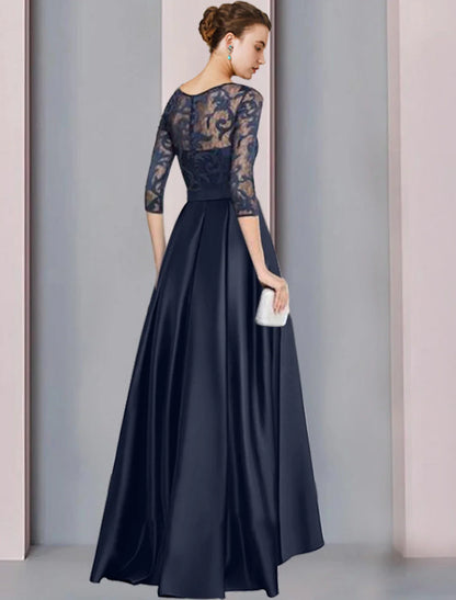 Aimishang A-Line Mother of the Bride Dress Wedding Guest Elegant High Low Scoop Neck Asymmetrical Floor Length Satin Lace Half Sleeve with Bow(s) Pleats Appliques