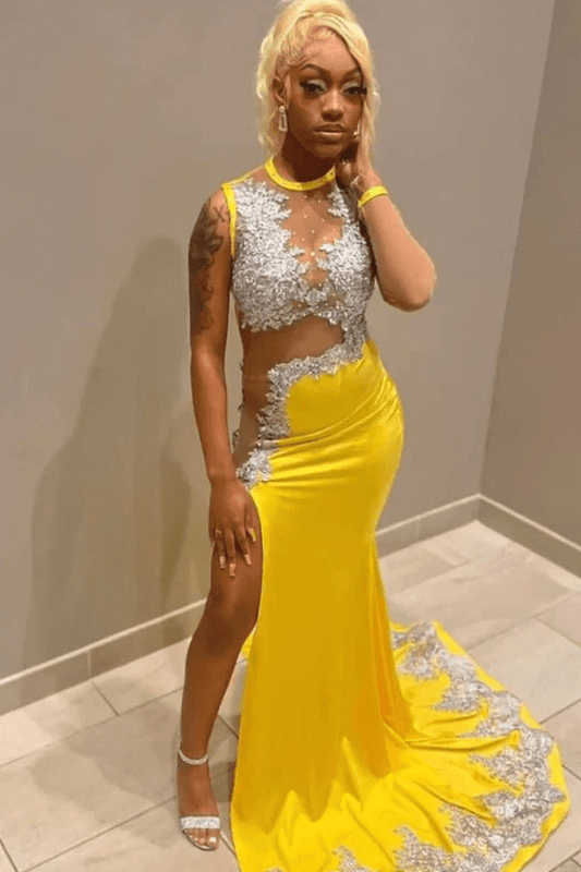 Yellow Mermaid Split Prom Dress Long Formal Dresses