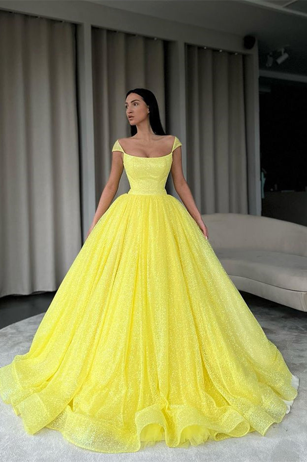 Yellow Sequins Ball Gown Off-The-Shoulder Evening Dress