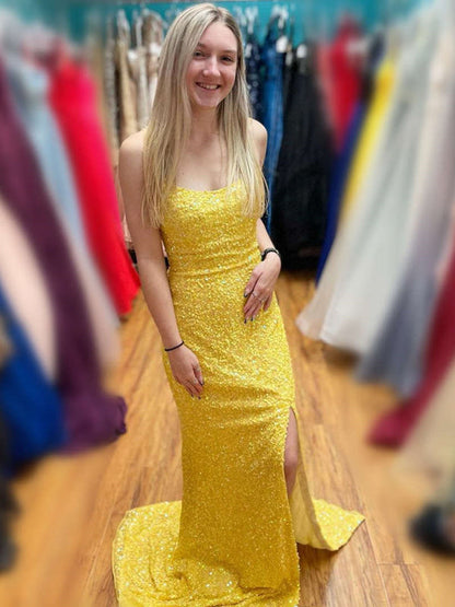Yellow Sequins Mermaid Backless Long Prom Dresses with High Slit, Mermaid Yellow Sequins Formal Graduation Evening Dresses