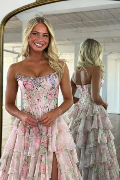 Yellow Strapless Chiffon A-Line Long Prom Dress with Floral
