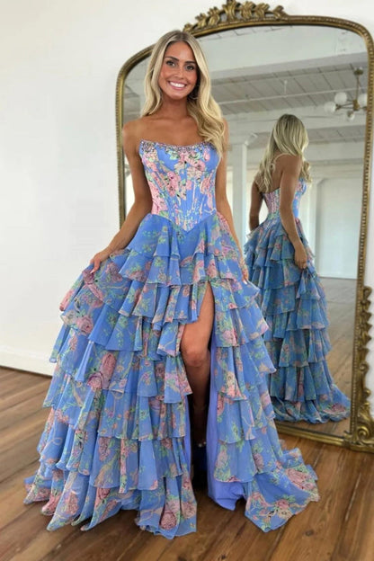 Yellow Strapless Chiffon A-Line Long Prom Dress with Floral