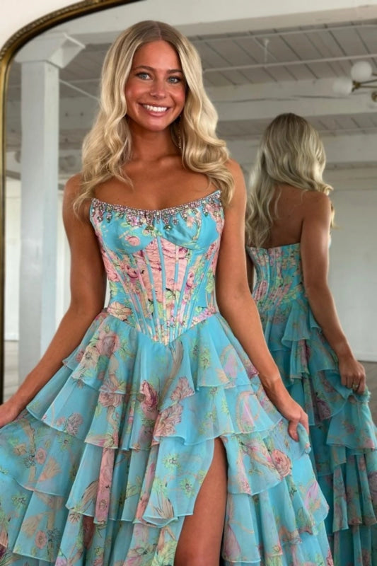 Yellow Strapless Chiffon A-Line Long Prom Dress with Floral
