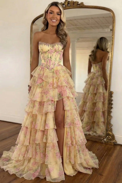 Yellow Strapless Chiffon A-Line Long Prom Dress with Floral