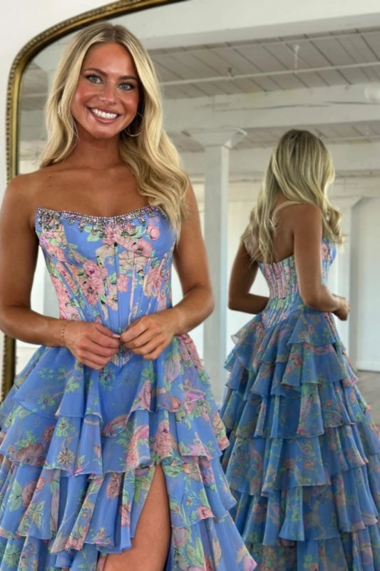 Yellow Strapless Chiffon A-Line Long Prom Dress with Floral