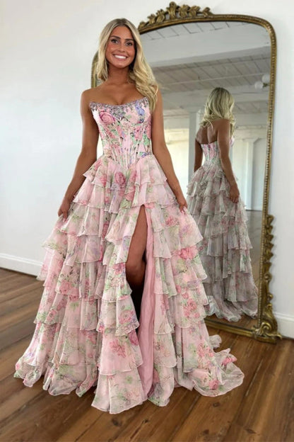 Yellow Strapless Chiffon A-Line Long Prom Dress with Floral