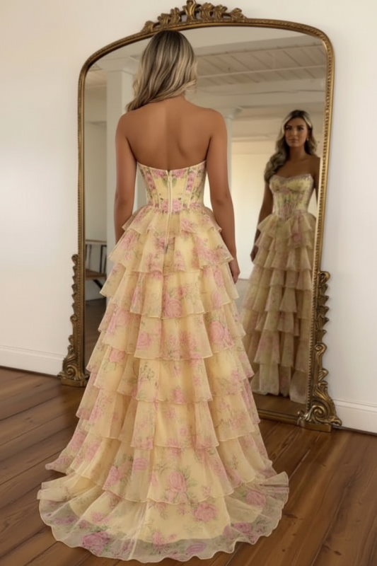 Yellow Strapless Chiffon A-Line Long Prom Dress with Floral