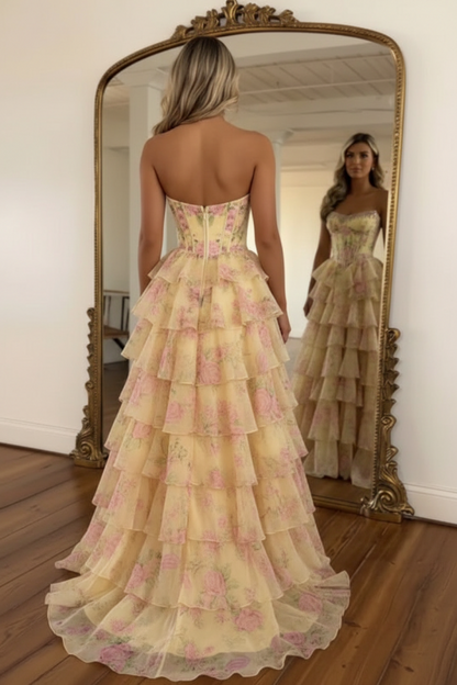 Yellow Strapless Chiffon A-Line Long Prom Dress with Floral