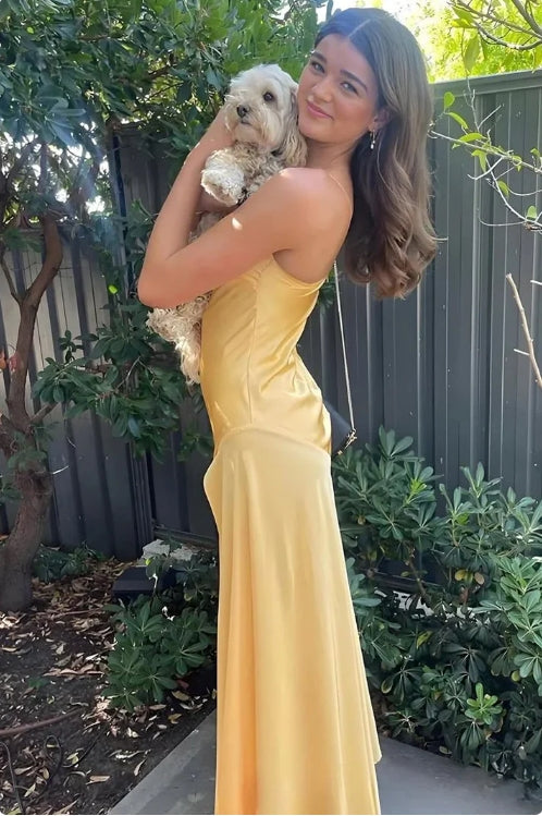 Aimishang Elegant Yellow Mermaid Spaghetti Straps Long Prom Dress Simple Evening Party Dress Formal Dress With Slit