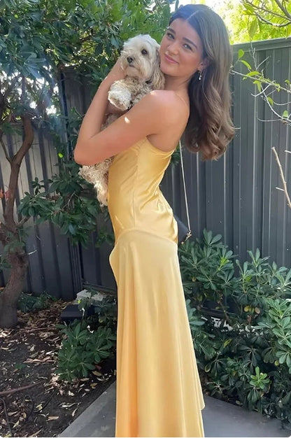 Aimishang Elegant Yellow Mermaid Spaghetti Straps Long Prom Dress Simple Evening Party Dress Formal Dress With Slit