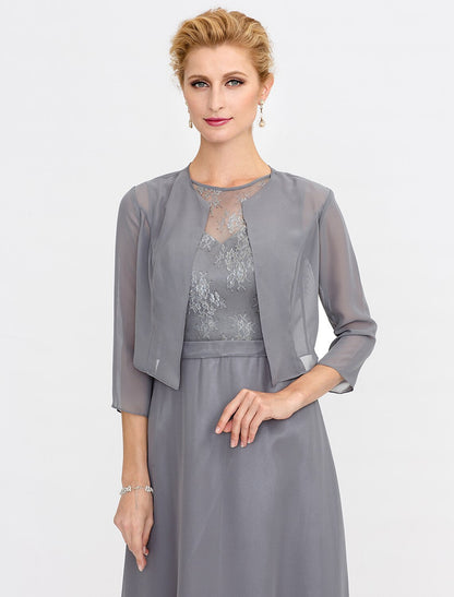 Aimishang A-Line Mother of the Bride Dress Fall Wedding Guest Dresses Plus Size Elegant Illusion Neck Tea Length Chiffon Corded Lace Sleeveless Wrap Included with Lace Pleats