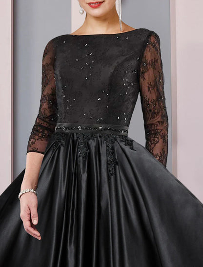 Aimishang  A-Line Mother of the Bride Dress Formal Wedding Guest Party Elegant Scoop Neck Tea Length Satin Lace 3/4 Length Sleeve with Sash / Ribbon Pleats