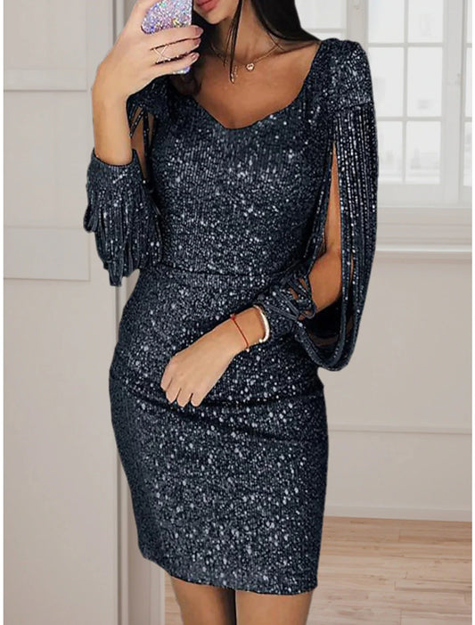 Women's Silver Sequin Dress Party Dress Sparkly Dress Homecoming Dress Sheath Dress Mini Dress Silver Light Rose 3/4-Length Sleeve Solid Color Spring Fall V Neck Elegant