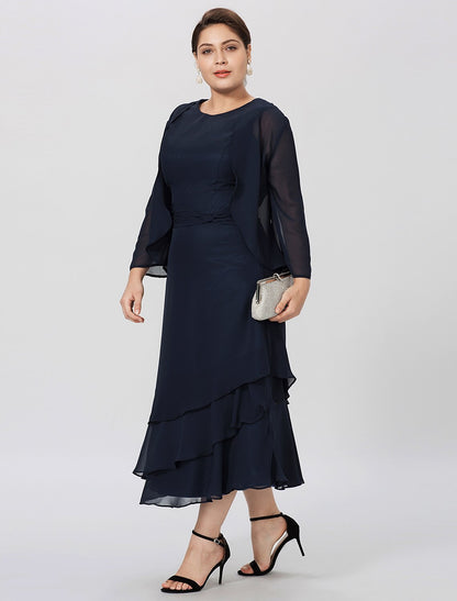 Aimishang  Sheath / Column Mother of the Bride Dress Formal Classic & Timeless Elegant & Luxurious Plus Size Jewel Neck Tea Length Chiffon 3/4 Length Sleeve yes with Pleats Tiered