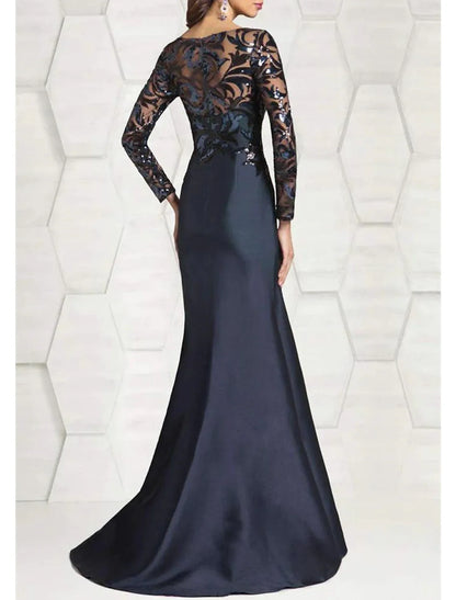 Wholesale Mermaid / Trumpet Mother of the Bride Dress Wedding Guest Elegant Sparkle & Shine Jewel Neck Floor Length Satin Sequined Long Sleeve with Sequin