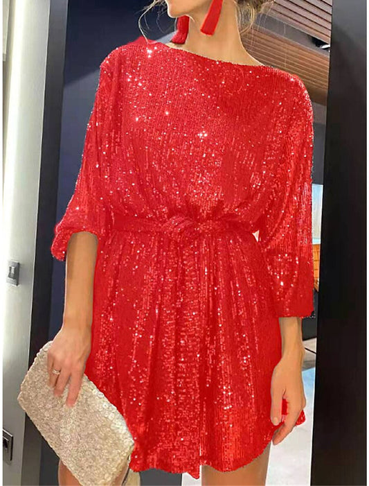 Women's Sequin Dress Party Dress Homecoming Dress Mini Dress Silver Black White Long Sleeve Pure Color Lace up Fall Winter Autumn Crew Neck Red Valentines Dress Winter Dress Valentine's Day Wedding