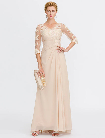 Aimishang A-Line Mother of the Bride Dress Fall Wedding Guest Dresses Plus Size Elegant See Through V Neck Floor Length Chiffon Half Sleeve with Appliques Side Draping