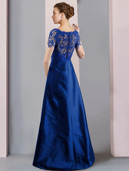 Two Piece Sheath / Column Mother of the Bride Dress Formal Church Elegant detachable Scoop Neck Knee Length Lace Taffeta Short Sleeve with Bow(s) Crystal Brooch