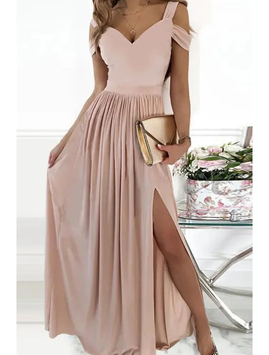 Women‘s Party Dress Homecoming Dress Swing Dress Long Dress Maxi Dress Green Pink Light Green Short Sleeve Pure Color Cold Shoulder Spring Summer V Neck Romantic Party