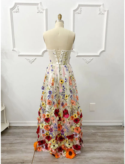 Wholesa A-Line Evening Gown Corsets Dress Formal Wedding Guest Floor Length Sleeveless Strapless Bridesmaid Dress Lace Backless with Embroidery Appliques