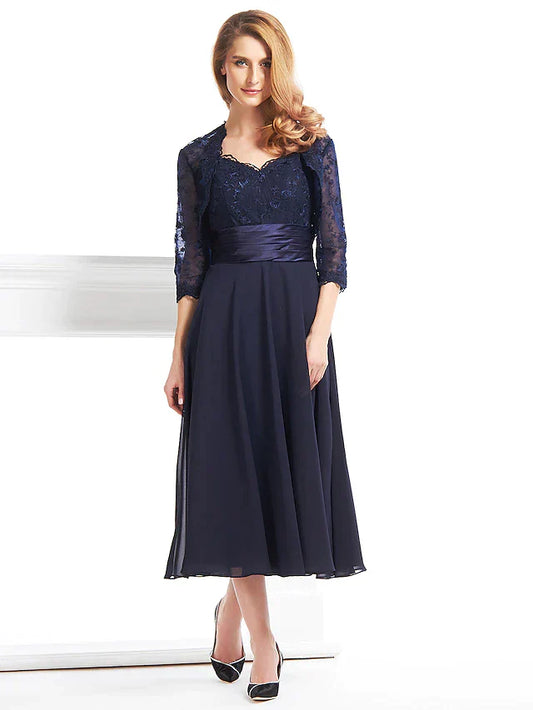 A-Line Mother of the Bride Dress Convertible Dress V Neck Tea Length Chiffon Corded Lace Sleeveless with Lace Pleats Appliques