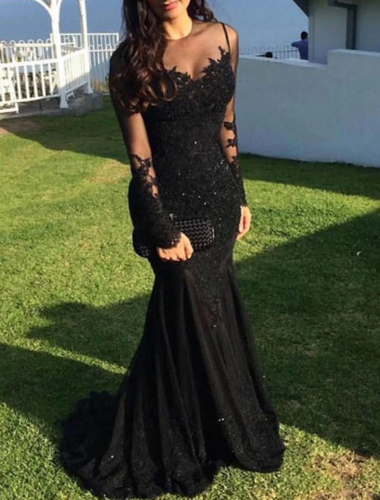 Mermaid / Trumpet Evening Gown Sparkle Dress Wedding Guest Homecoming Sweep / Brush Train Long Sleeve Illusion Neck Lace with Appliques