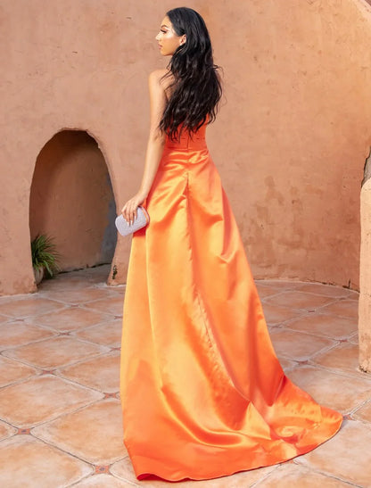 DingjiMermaid Ruched Evening Gown Satin Dress Cocktail Party Prom Court Train Sleeveless Strapless Bridesmaid Dress with Beading Sequin Pure Color