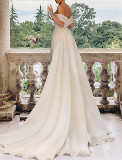 Aimishang Hall Casual Wedding Dresses Sheath / Column Off Shoulder Cap Sleeve Court Train Satin Bridal Gowns With Split Front Side-Draped