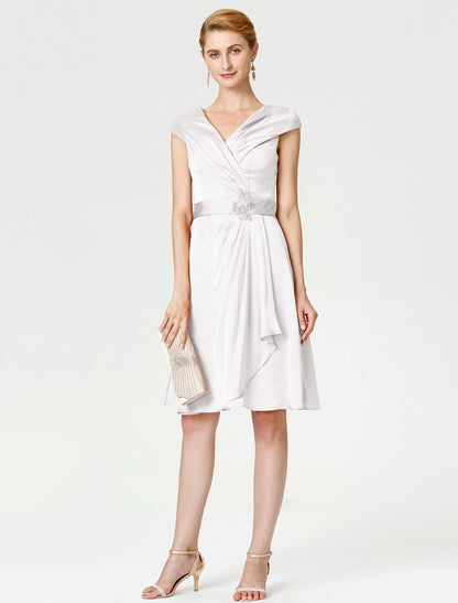 Aimishang A-Line Mother of the Bride Dress Elegant V Neck Knee Length Satin Chiffon Short Sleeve No with Sash / Ribbon Pleats Beading