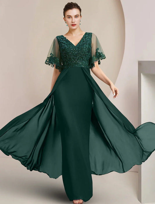 Aimishang  Sheath / Column Mother of the Bride Dress Formal Wedding Guest Elegant V Neck Floor Length Chiffon Lace Tulle Short Sleeve with Sequin Appliques