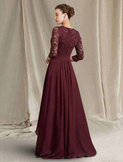 A-Line Mother of the Bride Dress Plus Size Elegant V Neck Sweep / Brush Train Chiffon Lace Sleeveless with Pleats Sequin Appliques