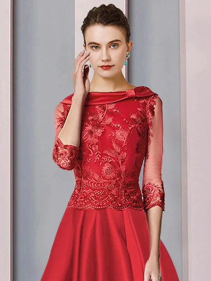 A-Line Mother of the Bride Dress Formal Wedding Guest Elegant High Low Scoop Neck Asymmetrical Tea Length Satin Lace 3/4 Length Sleeve with Appliques Ruching