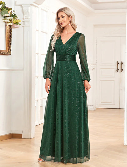 Aimishang  A-Line Evening Gown Sparkle & Shine Dress Formal Wedding Party Dress Floor Length Long Sleeve V Neck Chiffon with Sequin