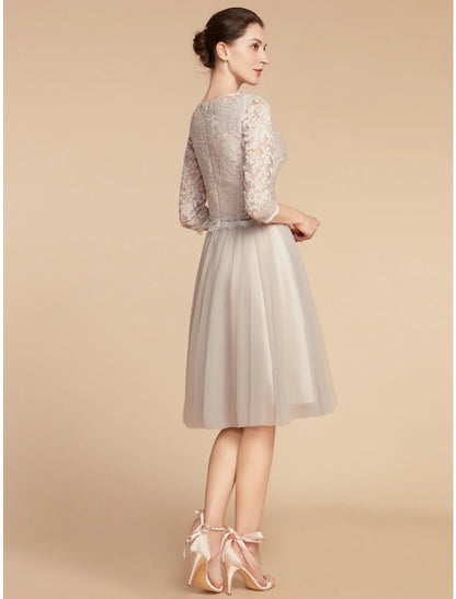 Aimishang A-Line Mother of the Bride Dress Wedding Guest Elegant Petite Jewel Neck Knee Length Lace Tulle Half Sleeve with Pleats Solid Color
