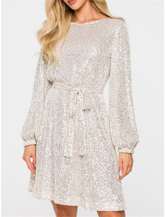 Women's Black Sequin Dress Party Dress Sparkly Dress Homecoming Dress Cocktail Dress Midi Dress Black Champagne Long Sleeve Sparkly Glitter Lace up Fall Winter Crew Neck Wedding Guest