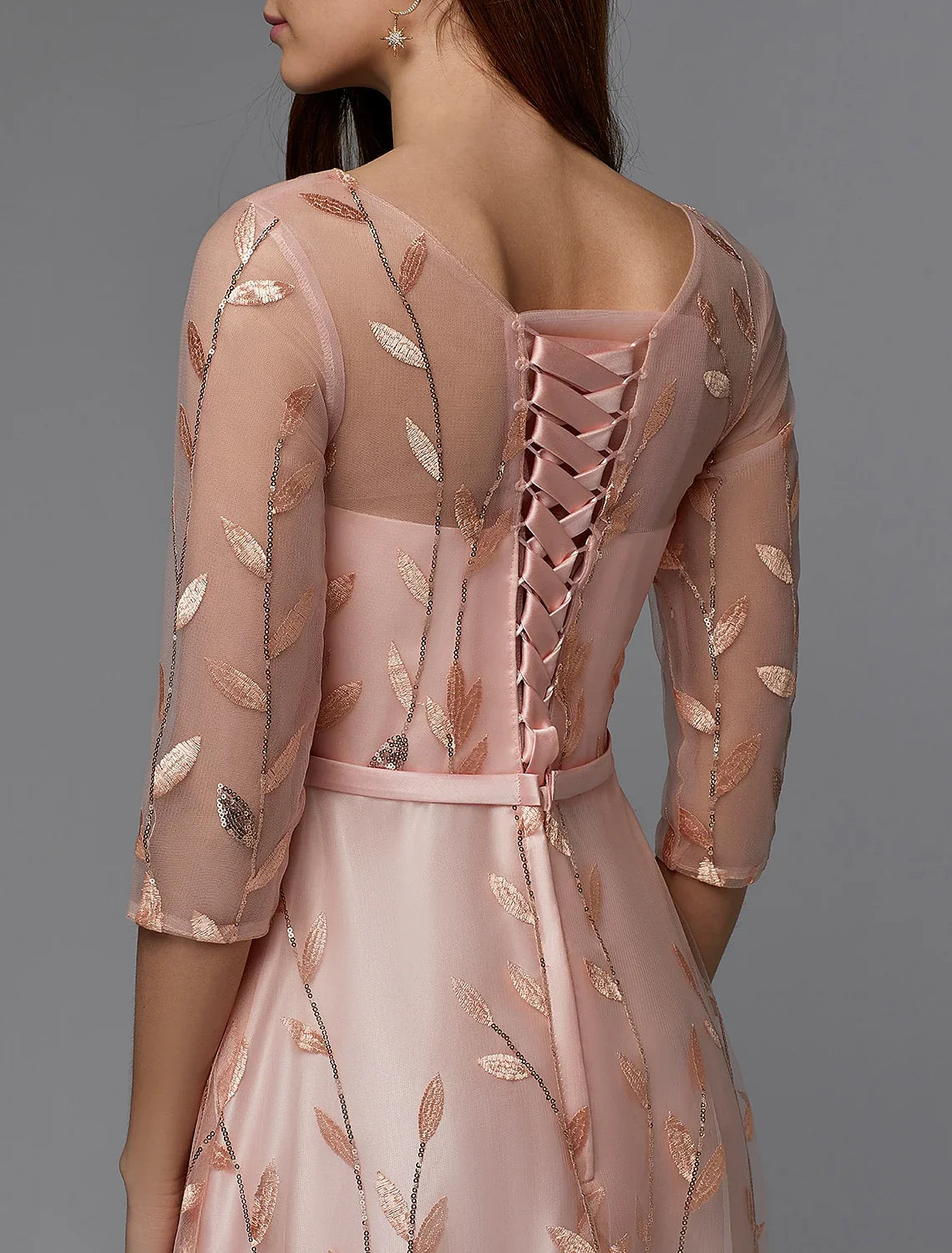 DingjiA-Line Floral Dress Valentine's Day Wedding Guest Floor Length 3/4 Length Sleeve Illusion Neck Bridesmaid Dress Lace with Pattern / Print Appliques