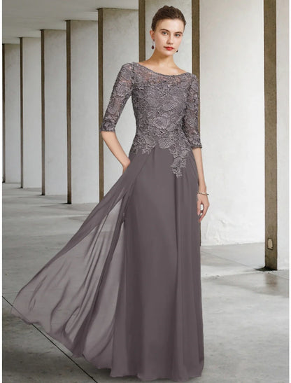 Aimishang A-Line Mother of the Bride Dress Wedding Guest Elegant Scoop Neck Floor Length Chiffon Lace Half Sleeve with Ruching Solid Color