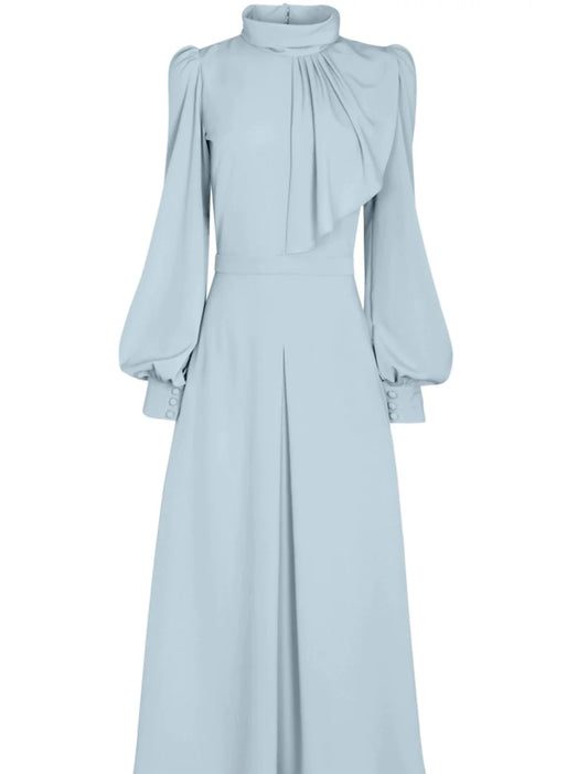 Aimishang A-Line Mother of the Bride Dress Wedding Guest Elegant Petite High Neck Tea Length Long Sleeve with Ruffles Ruching Solid Color