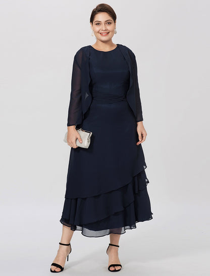 Aimishang  Sheath / Column Mother of the Bride Dress Formal Classic & Timeless Elegant & Luxurious Plus Size Jewel Neck Tea Length Chiffon 3/4 Length Sleeve yes with Pleats Tiered