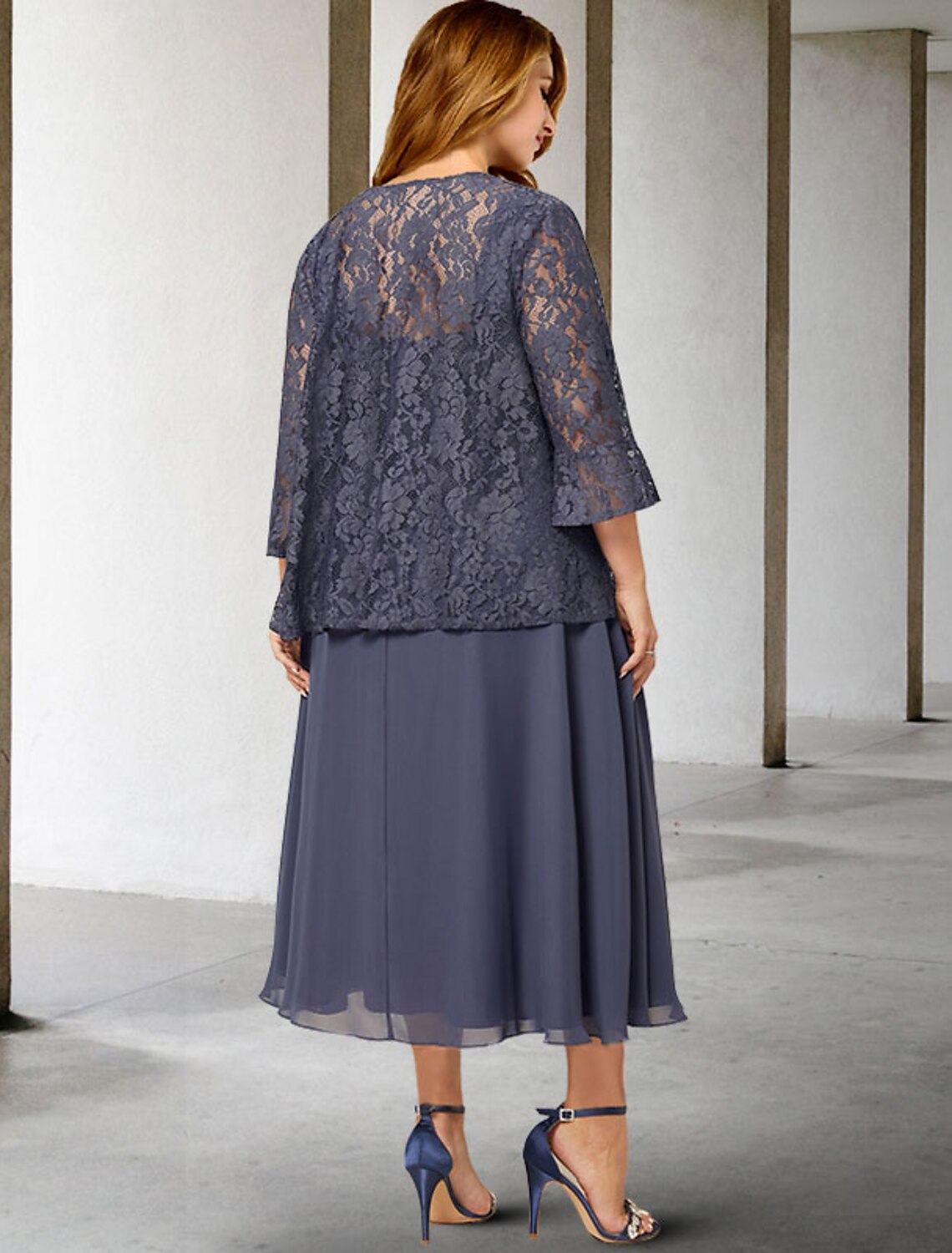 Aimishang  Two Piece A-Line Mother of the Bride Dresses Plus Size Hide Belly Curve Elegant Dress Formal Tea Length Sleeveless Square Neck Chiffon with Beading