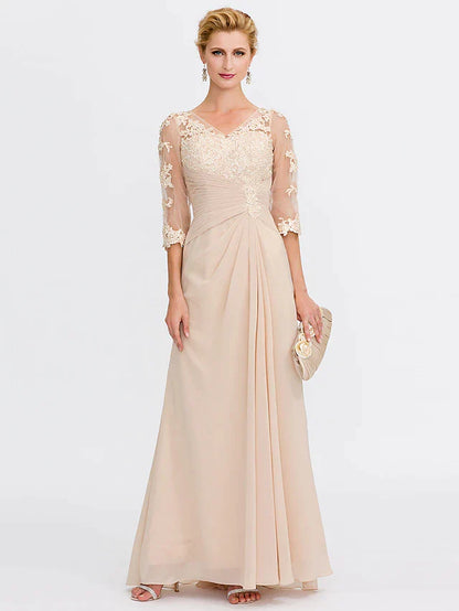 A-Line Mother of the Bride Dress Plus Size Elegant See Through V Neck Floor Length Chiffon Half Sleeve with Appliques Side Draping